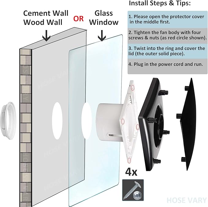 4in Black Bathroom Exhaust Fan for Window, 55CFM IPX4 ABS Plug-in Extractor Fan - Image 4