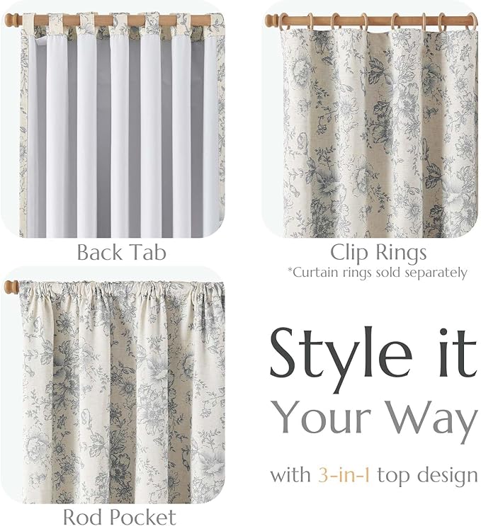 jinchan Blackout Linen Blend Curtain Gray Floral Blackout Curtains - Image 5