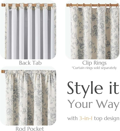 jinchan Blackout Linen Blend Curtain Grey Floral Blackout Curtains - Image 4