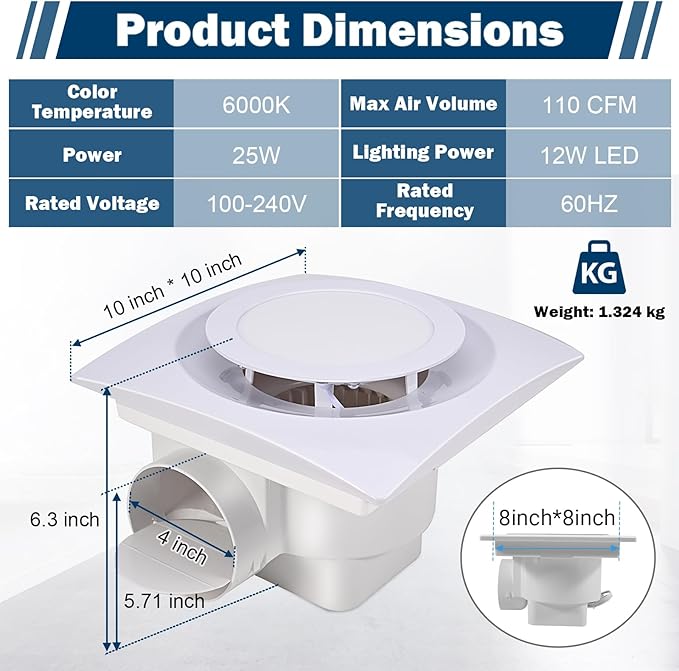 FEITON Bathroom Fan with Light Exhaust Fan Ceiling Mount Vent Fan Light Combo - Image 4