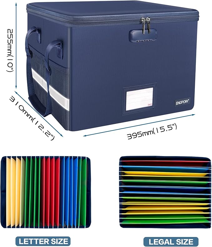 ENGPOW File Box with Lock, Fireproof Document Box with Pockets, Collapsible - Image 5