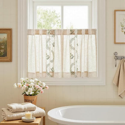 jinchan Belrose Linen Floral Kitchen Curtains 24 inch Length Embroidered - Image 9