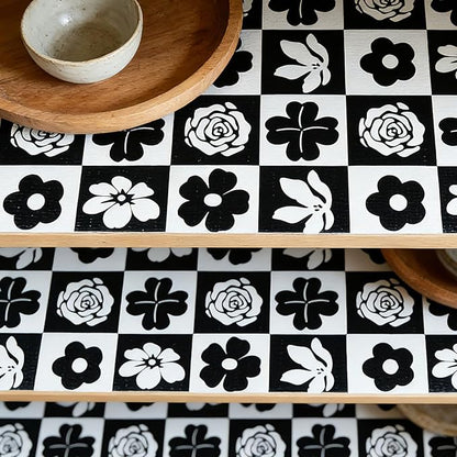 Shelf Liners Non Adhesive Black & White Checkerboard Floral - Image 9