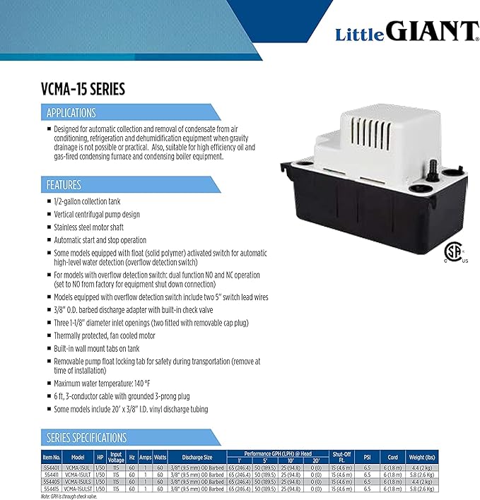 Little Giant VCMA-15ULST 115 Volt, 65 GPH, 1/50 HP Automatic Condensate Removal - Image 12