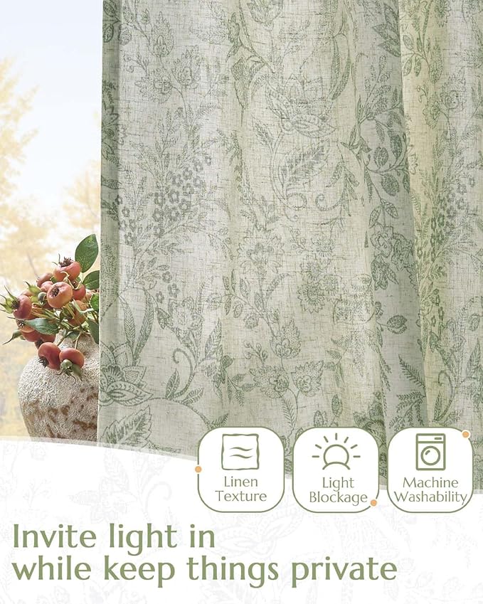 Vangao Lined Linen Curtains for Bedroom Floral Curtains 84 Inches Long Green - Image 4