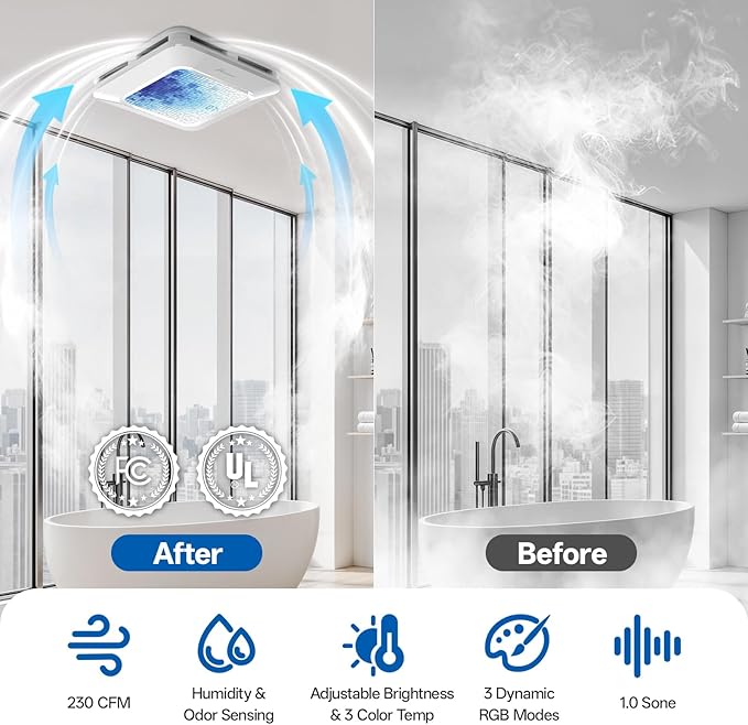 Bathroom Exhaust Fan with Light Humidity Sensor, Bathroom Fan with Odor & - Image 5