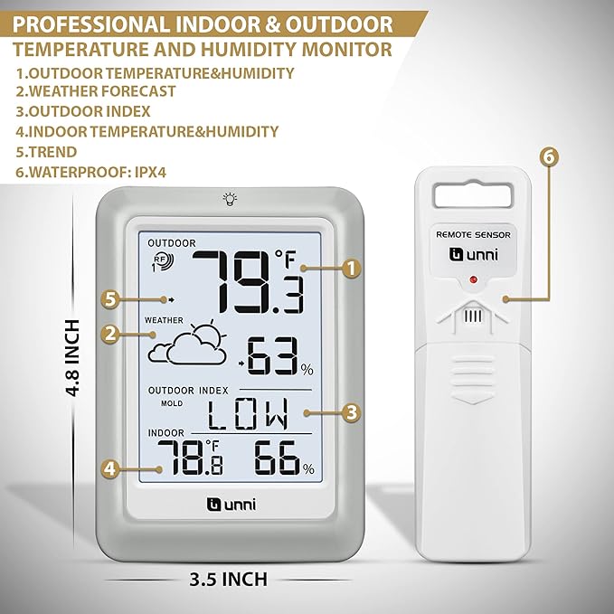 Indoor Outdoor Thermometer Hygrometer Wireless Weather Station, Temperature - Image 5