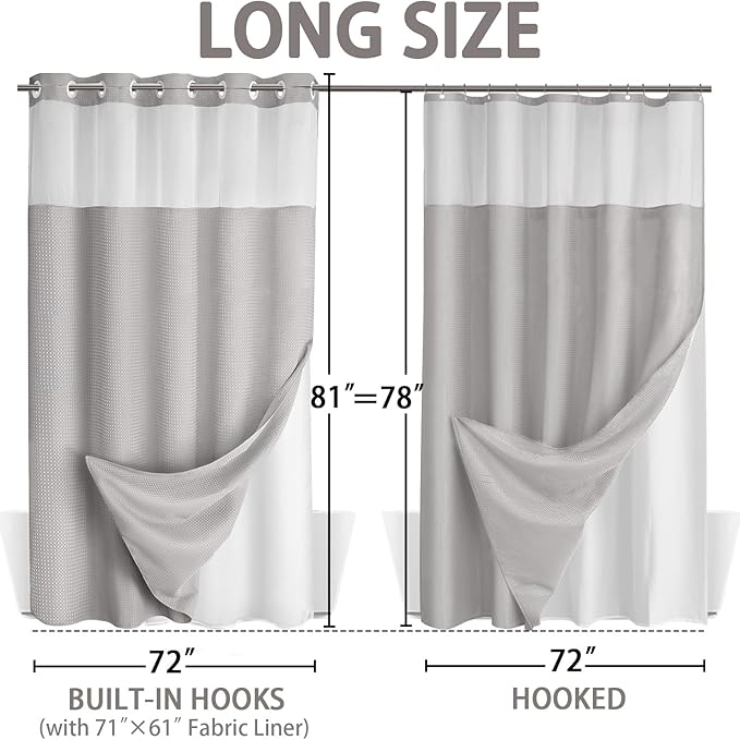 No Hook Shower Curtain and Liner Set, Light Grey Hotel Waffle Shower Curtain - Image 6