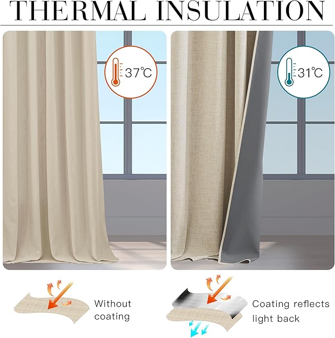 RYB HOME 100% Blackout Linen Textured Curtains 96 inches Long, Thermal - Image 5