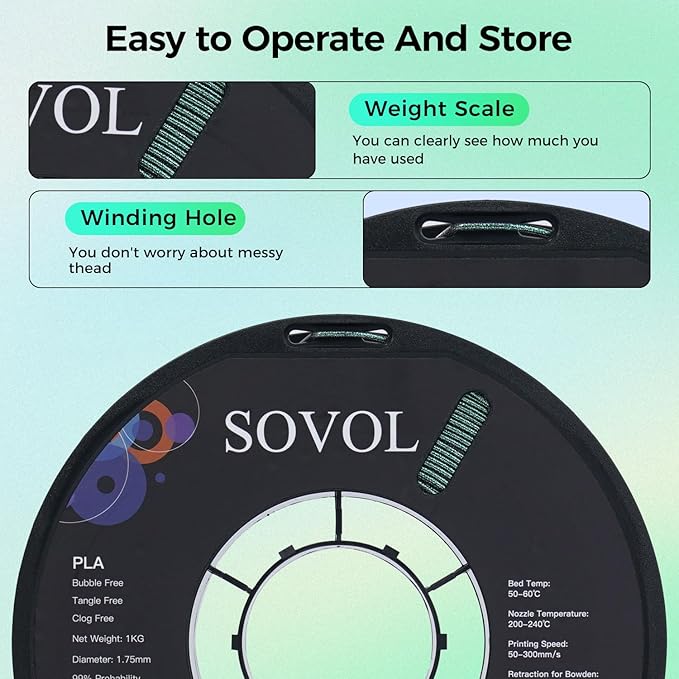 Sovol Silk PLA Filament with Green Glitter 1kg 1.75mm, Color Changeable 3D - Image 6