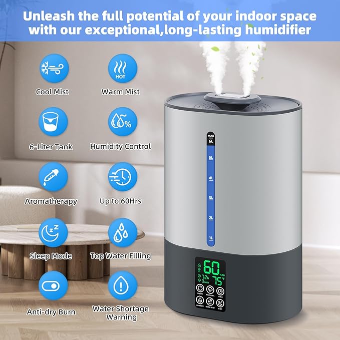 6L Humidifiers for Bedroom Large Room Home, Cool and Warm Humidifiers for Baby - Image 4
