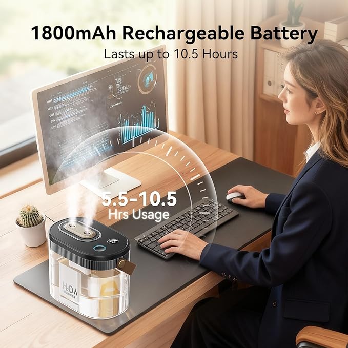 DIGIX Rechargeable Portable Humidifier-Smart Display, Night Light, Easy Clean - Image 2