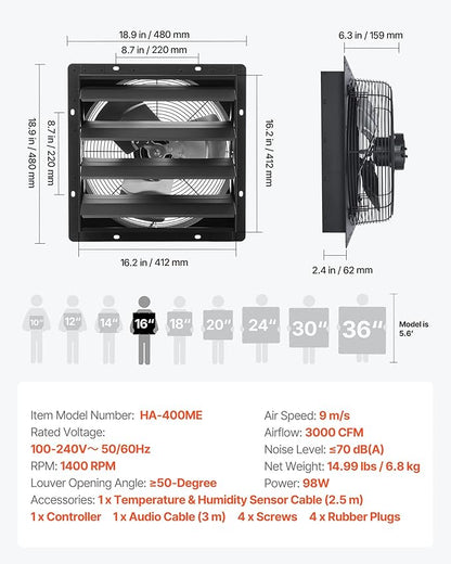 VEVOR 16 inch Exhaust Fan, Wall Mounted Attic Fan - Image 7