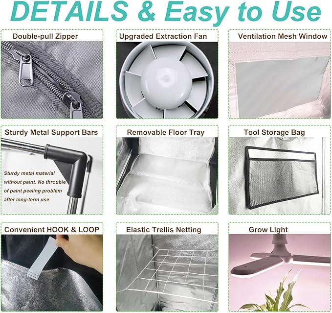 3.3x3.3FT Grow Tent Kit, Complete High Reflective Mylar Indoor Grow Tent + LED - Image 6