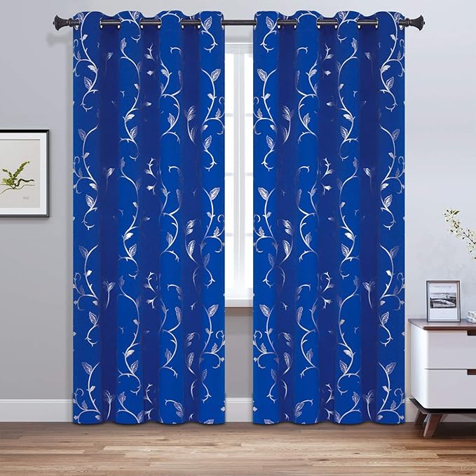 BUHUA Royal Blue Foil Print Flower Vine Design Grommet Curtains Thermal - Image 8