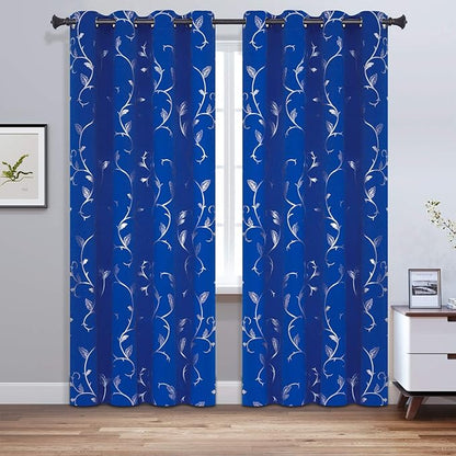 BUHUA Royal Blue Foil Print Flower Vine Design Grommet Curtains Thermal - Image 8