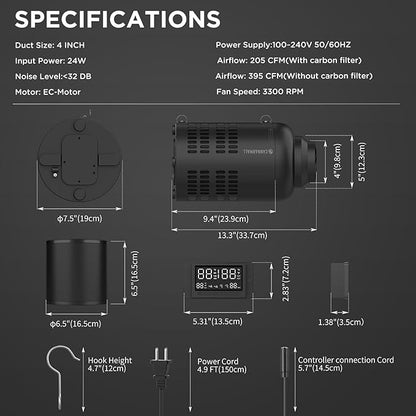 4 Inch Inline Duct Fan with EC Motor and Built-in Carbon Filter, Duct Fan Kit - Image 3