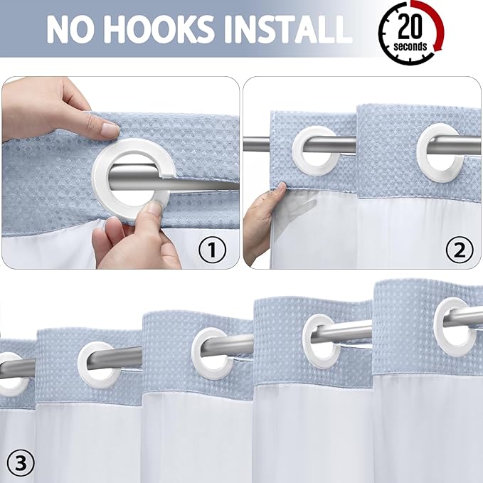 No Hook Shower Curtain and Liner Set, Mist Blue Hotel Waffle Shower Curtain - Image 2