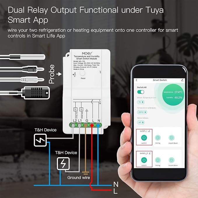 MOES WiFi Smart Temperature and Humidity Switch Module Sensor, Dual Relay - Image 2