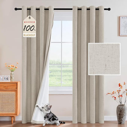 PrinceDeco 100% Blackout Linen Curtains 96 Inch Long Nature Burlap Fabric Black - Image 2