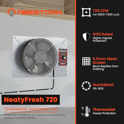 Abestorm 720CFM High Air Flow Crawlspace Ventilation Fan, IP55 Rated 10" Vent - Image 4