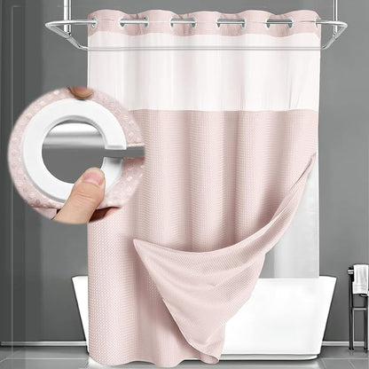 No Hook Shower Curtain and Liner Set, Blush Pink Hotel Waffle Shower Curtain by Unknown