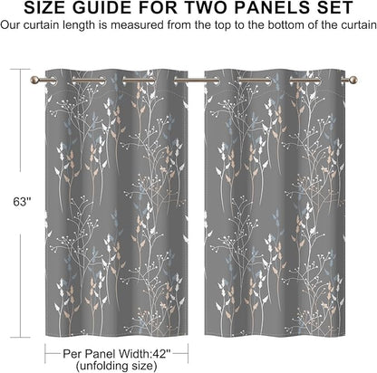 Gray-Blue Leaves Blackout Curtains 63 Inch Length, Room Darkening Curtains - Image 8