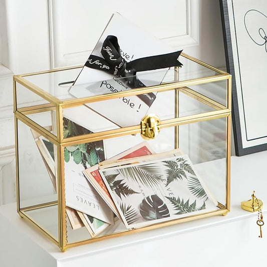 Glass Wedding Card Box with Slot, 10.2 inch Clear Card Box Gold Brass Gift Card by Giadun