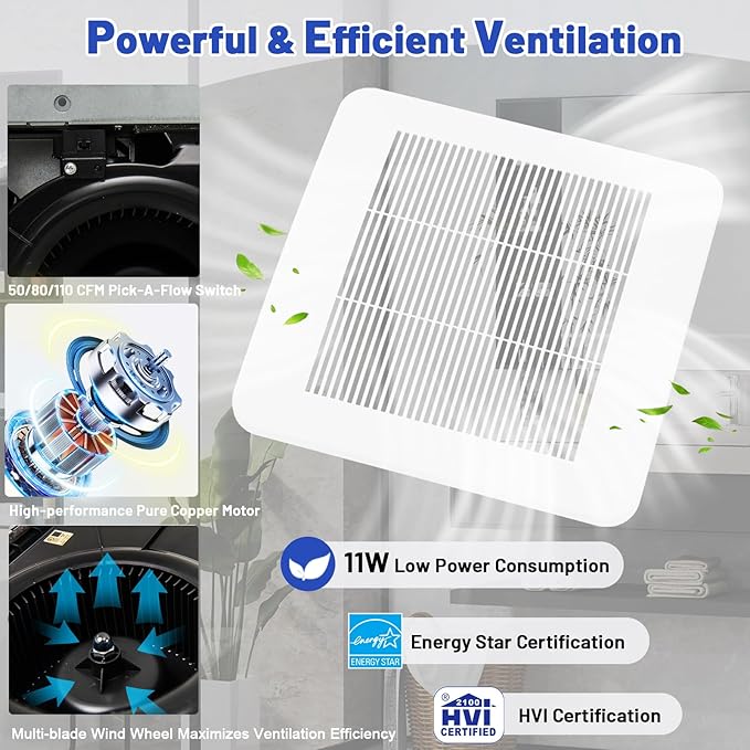 COSTWAY Bathroom Exhaust Fan, 50/80/110 CFM Ceiling Mount Exhaust Ventilation - Image 4