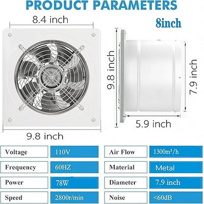 8 inch Exhaust Fan Wall Mounted Garage Ventilation Fan, 500CFM Metal Attic - Image 4