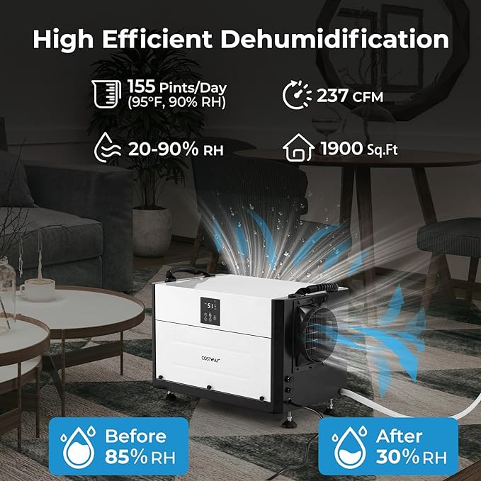 COSTWAY 155 PPD Commercial Dehumidifier, 1900 Sq.Ft Crawl Space Dehumidifier - Image 4