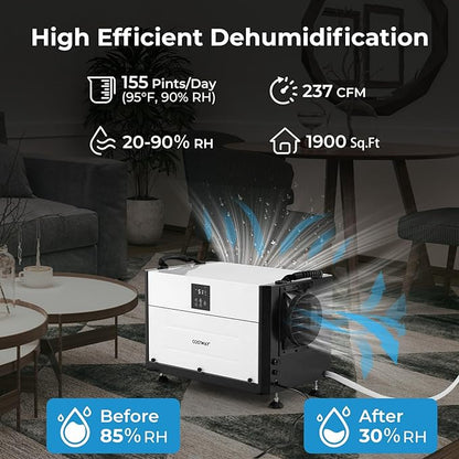 COSTWAY 155 PPD Commercial Dehumidifier, 1900 Sq.Ft Crawl Space Dehumidifier - Image 4