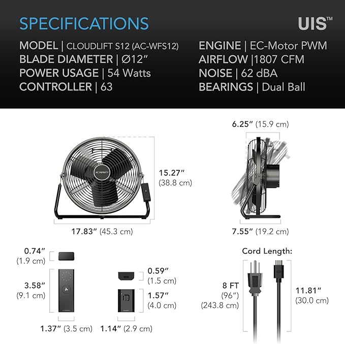 AC Infinity CLOUDLIFT S12, Industrial Wall Fan 12” - Image 7