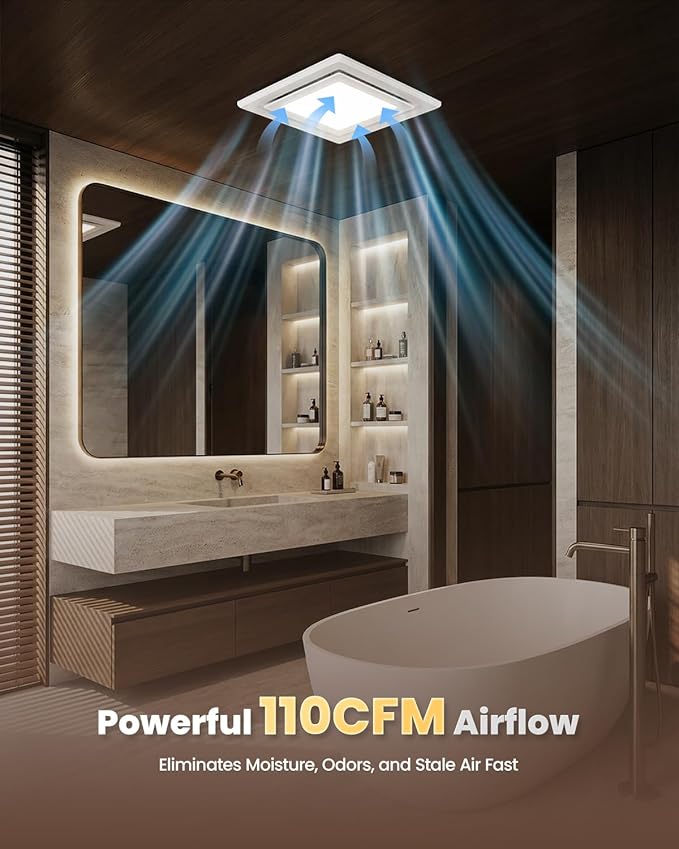 Bathroom Exhaust Fan with Light, 110 CFM 1.0 Sone Quiet Ceiling Mount Exhaust - Image 2