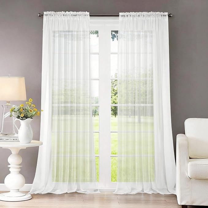 Dreaming Casa Solid Sheer Curtains Living Room White Rod Pocket Voile Draperies by DreamingCasa