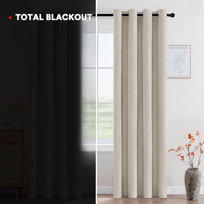 PrinceDeco 100% Blackout Linen Curtains 96 Inch Long Nature Burlap Fabric Black - Image 3