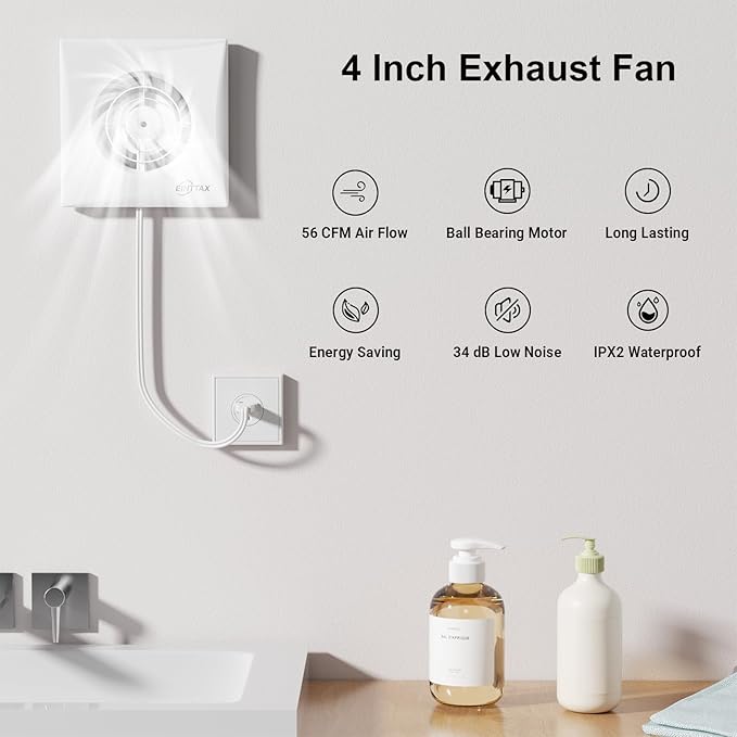 4 Inch Wall Mount Bathroom Exhaust Fan, Plug in Wall Exhaust Fan, 56 CFM Quiet - Image 3
