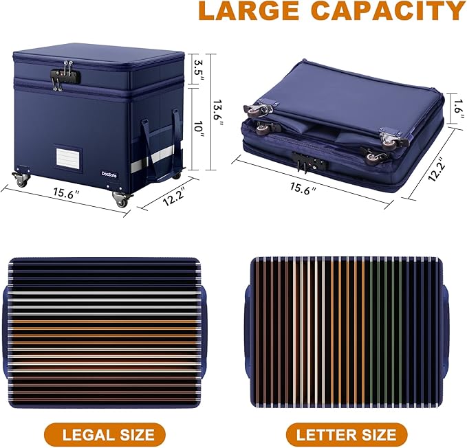 DocSafe File Box with Lock, 2-Layer Fireproof Document Box with Wheels - Image 6