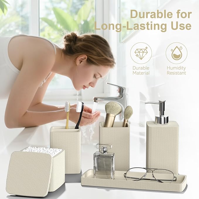 Beige Bathroom Accessories Set 5 Pieces, Resin Toothbrush Holders Set Complete - Image 3
