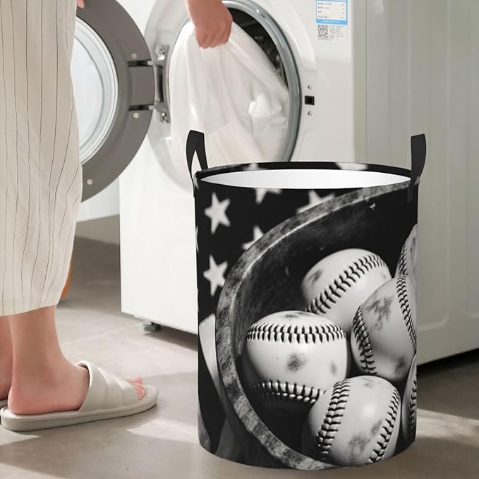 Vintage Baseballs Retro Flag Display Design Round Laundry Hamper Bag - Image 7