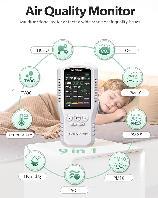 9-in-1 Air Quality Monitor, HCHO TVOC CO2 PM10 PM2.5 PM1.0 Detector, - Image 2