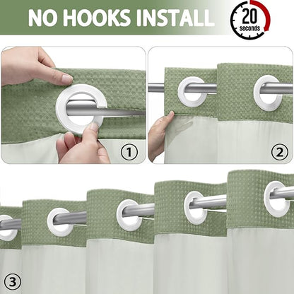 No Hook Shower Curtain and Liner Set, Sage Green Hotel Waffle Shower Curtain - Image 2