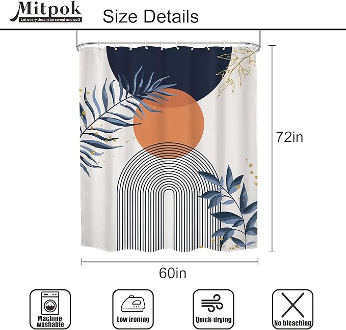 Navy Blue Boho Shower Curtain 60Wx72H Modern Abstract Bohemian Blue Gold Leaves - Image 5