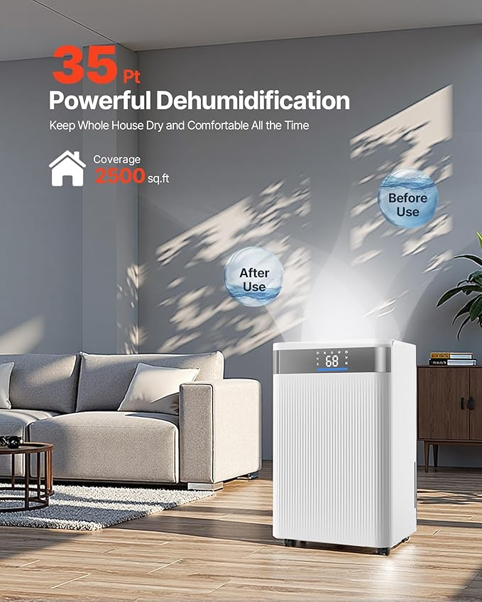 VEVOR 35 Pints Dehumidifier for Home & Basement, 2500 Sq.Ft Coverage, Drain - Image 2