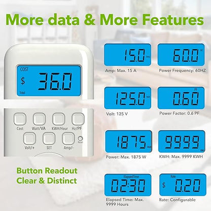 HBN Watt Meter Plug with Backlight, Plug-in Socket Power Meter Electricity - Image 2