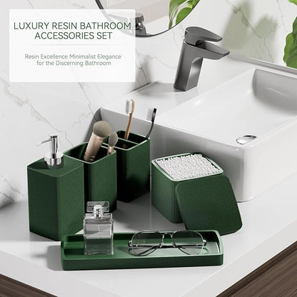 Dark Green Bathroom Accessories Set 5 Pieces, Resin Toothbrush Holders Set - Image 6