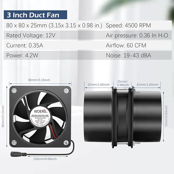 80mm x 25mm 3 Inch Duct Household Ventilation 12V Exhaust Fan - Image 5