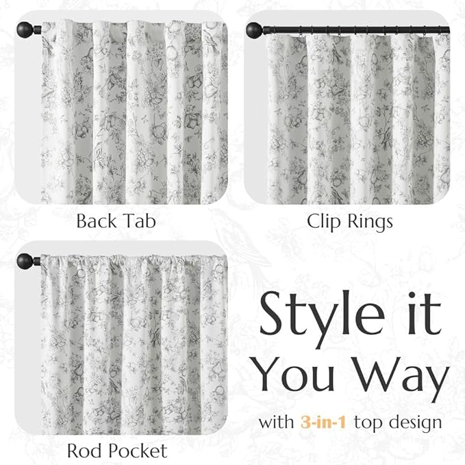 jinchan 95% Blackout Floral Curtains 90 Inch Length, Printed Flower Grey - Image 6
