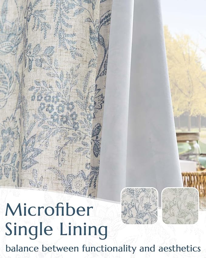 Vangao Lined Linen Curtains for Bedroom Floral Curtains 96 Inches Long Blue - Image 3