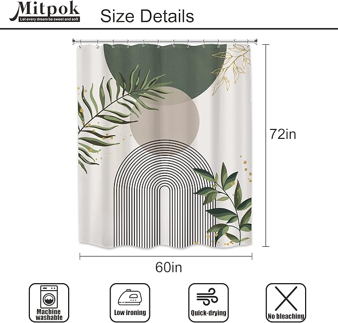 Boho Green Shower Curtain, Sage Bohemian Mid Century Modern 60Wx72H Bathroom - Image 6